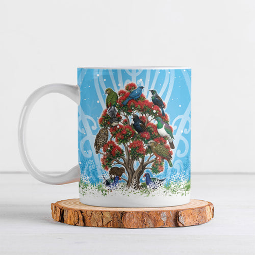New Zealand Birds Christmas Ceramic Mug Pohutukawa Xmas Tree