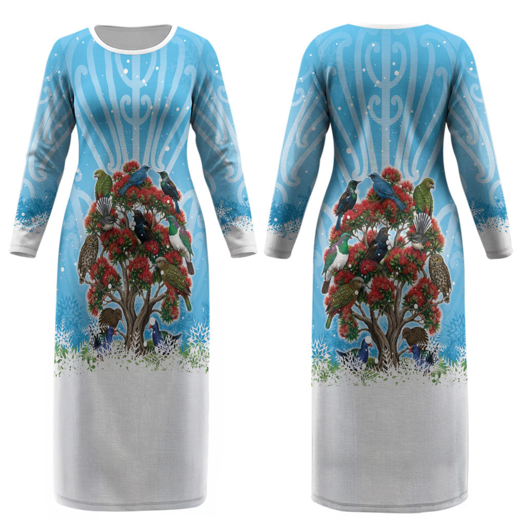 New Zealand Birds Christmas Couples Matching Long Sleeve Bodycon Dress and Hawaiian Shirt Pohutukawa Xmas Tree
