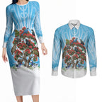New Zealand Birds Christmas Couples Matching Long Sleeve Bodycon Dress and Long Sleeve Button Shirt Pohutukawa Xmas Tree