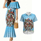 New Zealand Birds Christmas Couples Matching Mermaid Dress and Hawaiian Shirt Pohutukawa Xmas Tree