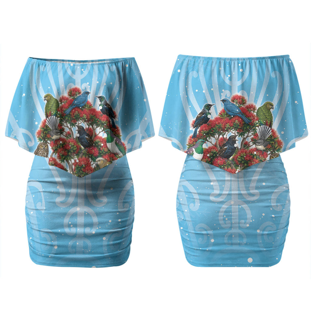 New Zealand Birds Christmas Couples Matching Off Shoulder Short Dress and Hawaiian Shirt Pohutukawa Xmas Tree