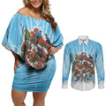New Zealand Birds Christmas Couples Matching Off Shoulder Short Dress and Long Sleeve Button Shirt Pohutukawa Xmas Tree