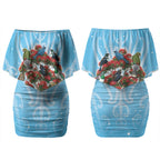 New Zealand Birds Christmas Couples Matching Off Shoulder Short Dress and Long Sleeve Button Shirt Pohutukawa Xmas Tree