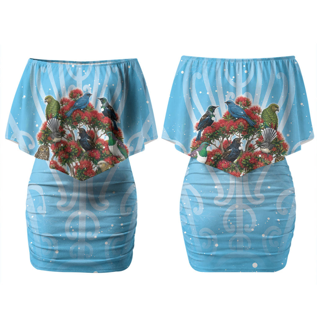 New Zealand Birds Christmas Couples Matching Off Shoulder Short Dress and Long Sleeve Button Shirt Pohutukawa Xmas Tree