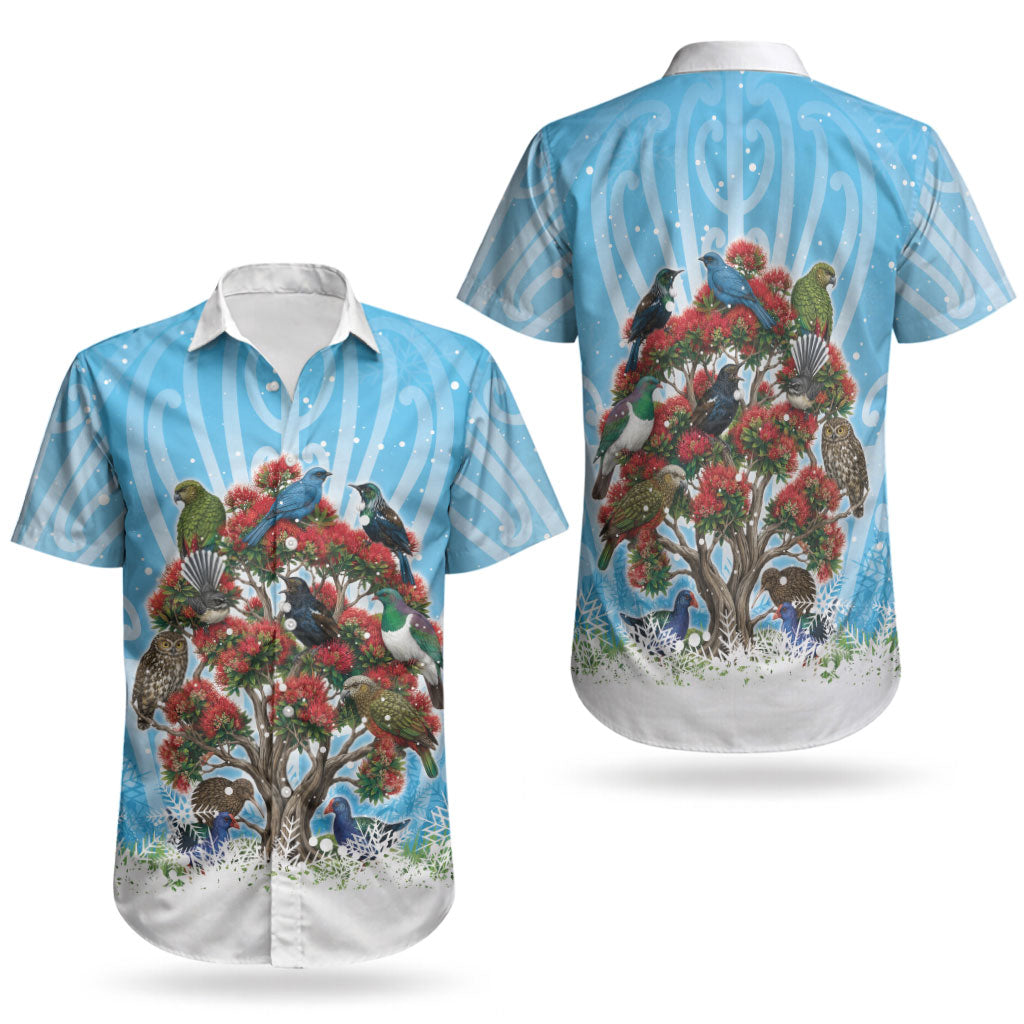 New Zealand Birds Christmas Couples Matching Off The Shoulder Long Sleeve Dress and Hawaiian Shirt Pohutukawa Xmas Tree