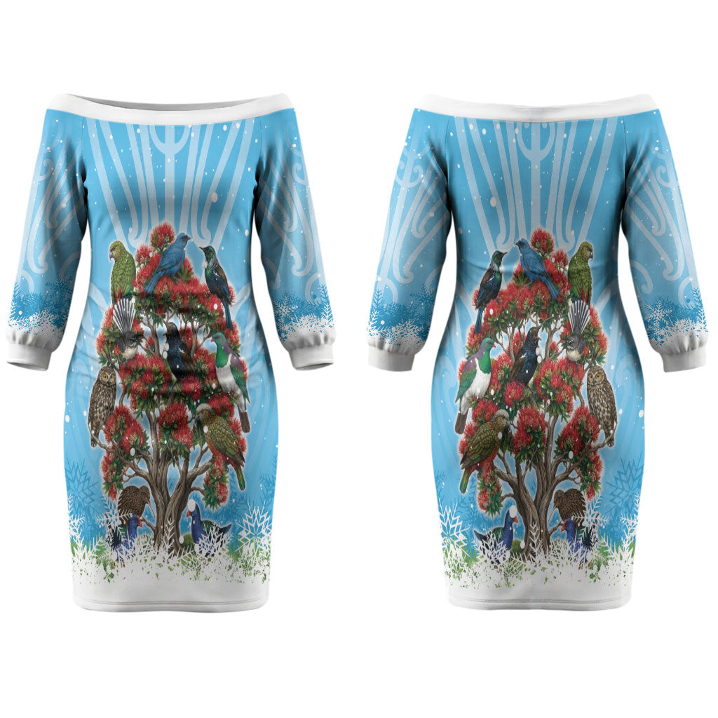 New Zealand Birds Christmas Couples Matching Off The Shoulder Long Sleeve Dress and Long Sleeve Button Shirt Pohutukawa Xmas Tree