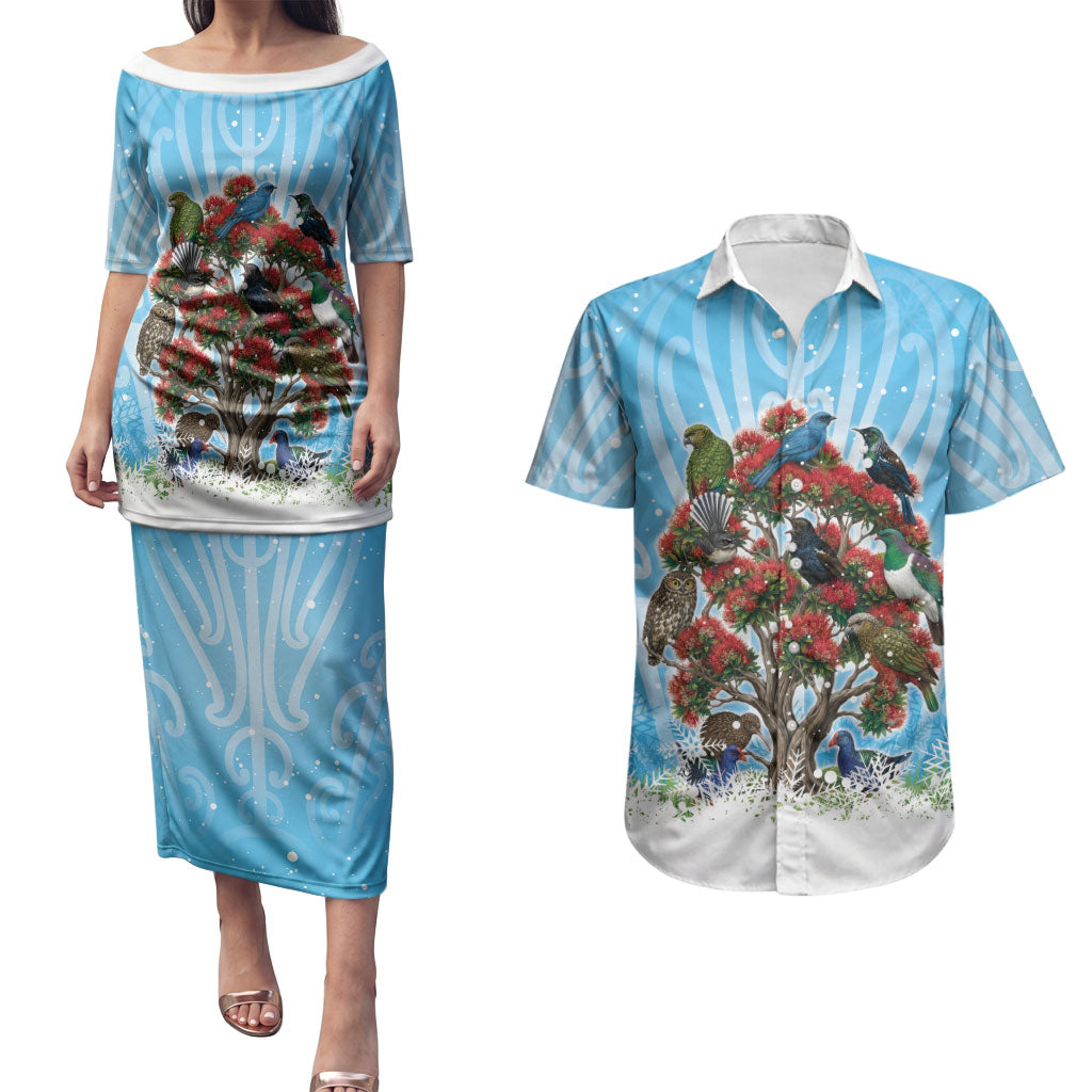 New Zealand Birds Christmas Couples Matching Puletasi and Hawaiian Shirt Pohutukawa Xmas Tree