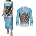New Zealand Birds Christmas Couples Matching Puletasi and Long Sleeve Button Shirt Pohutukawa Xmas Tree