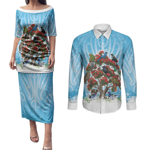 New Zealand Birds Christmas Couples Matching Puletasi and Long Sleeve Button Shirt Pohutukawa Xmas Tree