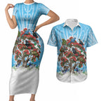 New Zealand Birds Christmas Couples Matching Short Sleeve Bodycon Dress and Hawaiian Shirt Pohutukawa Xmas Tree