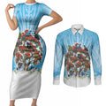 New Zealand Birds Christmas Couples Matching Short Sleeve Bodycon Dress and Long Sleeve Button Shirt Pohutukawa Xmas Tree