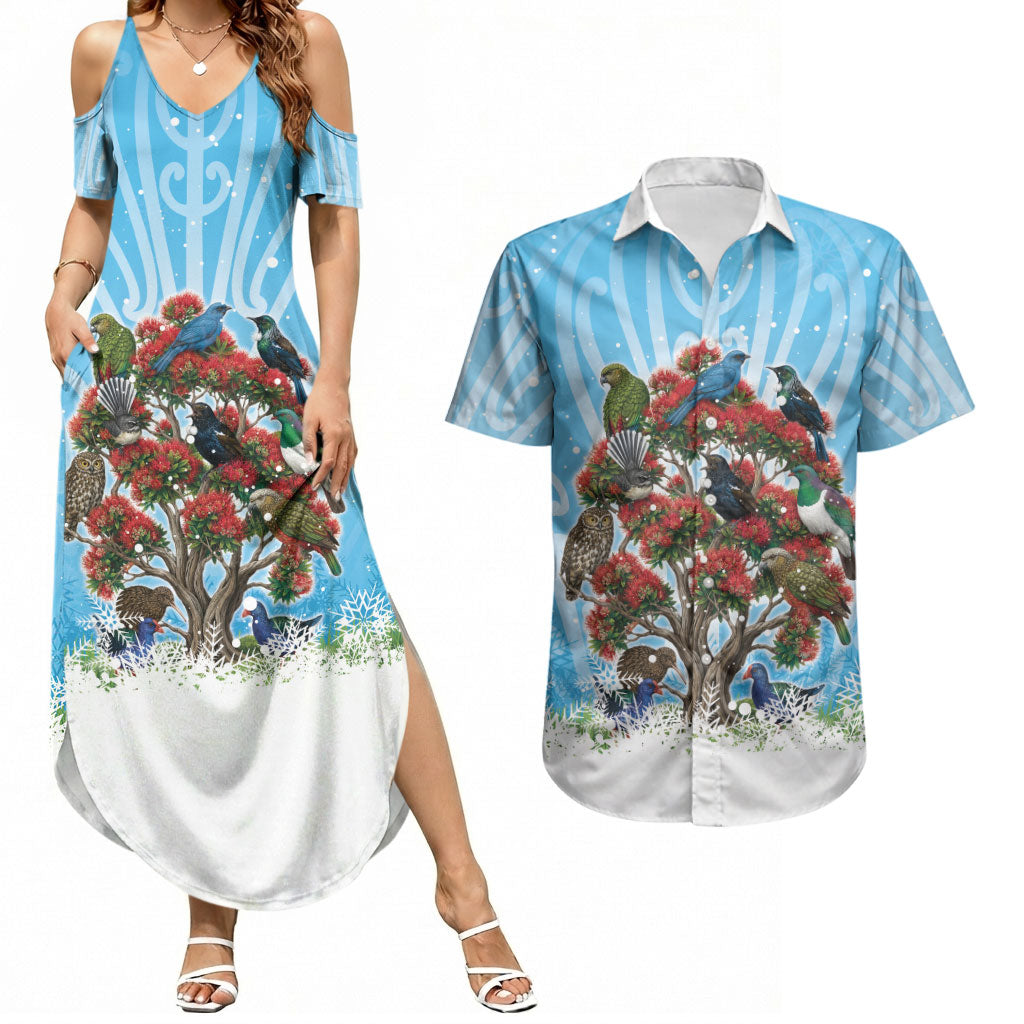 New Zealand Birds Christmas Couples Matching Summer Maxi Dress and Hawaiian Shirt Pohutukawa Xmas Tree