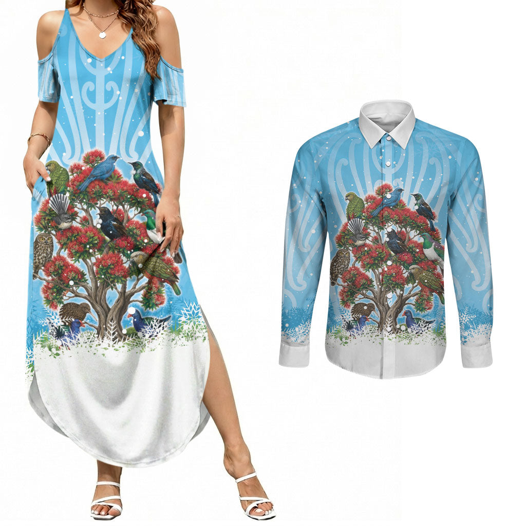 New Zealand Birds Christmas Couples Matching Summer Maxi Dress and Long Sleeve Button Shirt Pohutukawa Xmas Tree