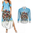 New Zealand Birds Christmas Couples Matching Summer Maxi Dress and Long Sleeve Button Shirt Pohutukawa Xmas Tree