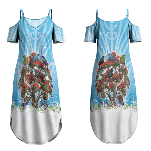 New Zealand Birds Christmas Couples Matching Summer Maxi Dress and Long Sleeve Button Shirt Pohutukawa Xmas Tree
