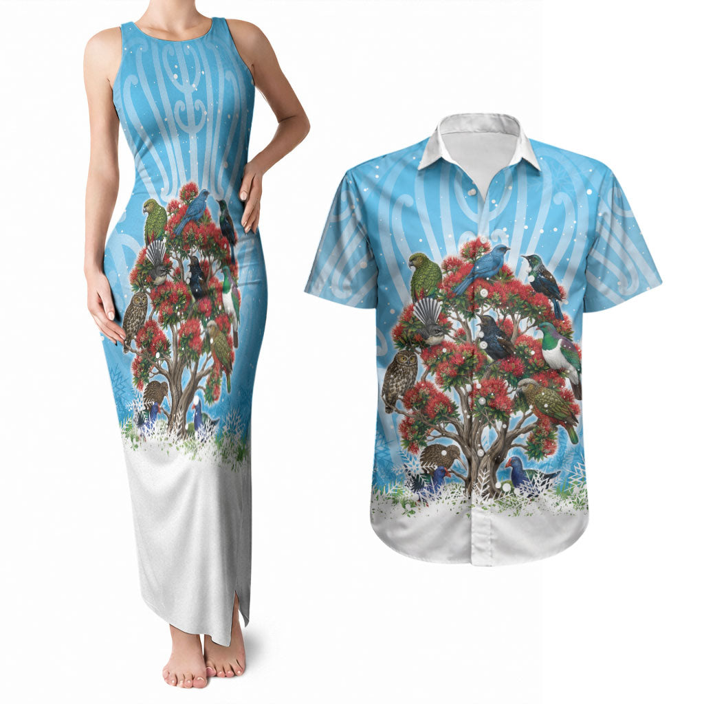 New Zealand Birds Christmas Couples Matching Tank Maxi Dress and Hawaiian Shirt Pohutukawa Xmas Tree