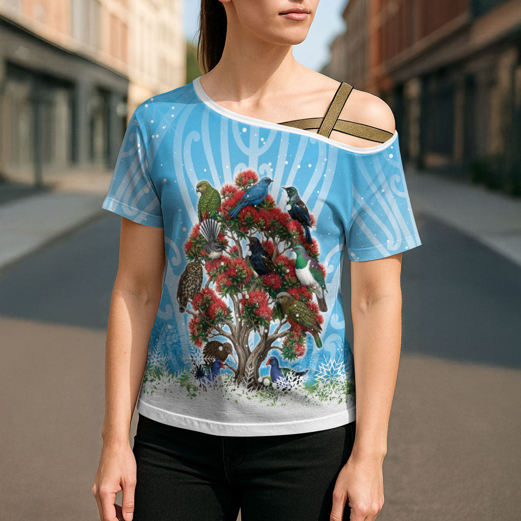 New Zealand Birds Christmas Cross Shoulder Shirt Pohutukawa Xmas Tree