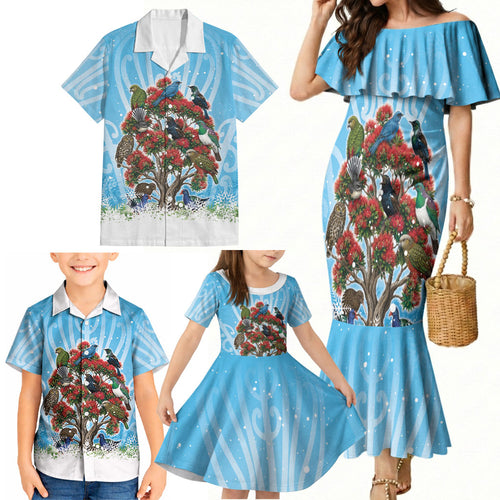 New Zealand Birds Christmas Family Matching Mermaid Dress and Hawaiian Shirt Pohutukawa Xmas Tree
