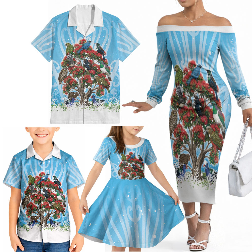 New Zealand Birds Christmas Family Matching Off The Shoulder Long Sleeve Dress and Hawaiian Shirt Pohutukawa Xmas Tree