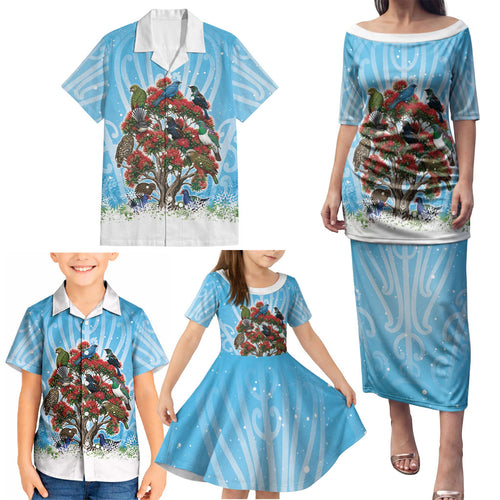 New Zealand Birds Christmas Family Matching Puletasi and Hawaiian Shirt Pohutukawa Xmas Tree