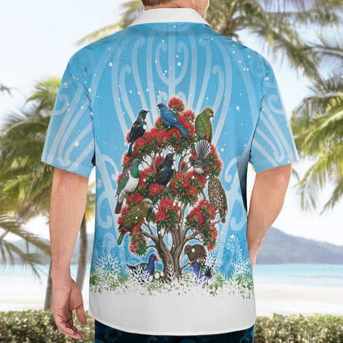 New Zealand Birds Christmas Hawaiian Shirt Pohutukawa Xmas Tree