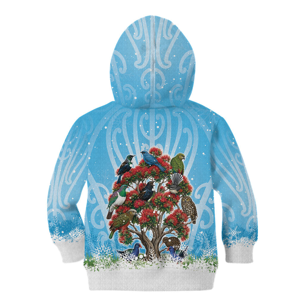 New Zealand Birds Christmas Kid Hoodie Pohutukawa Xmas Tree