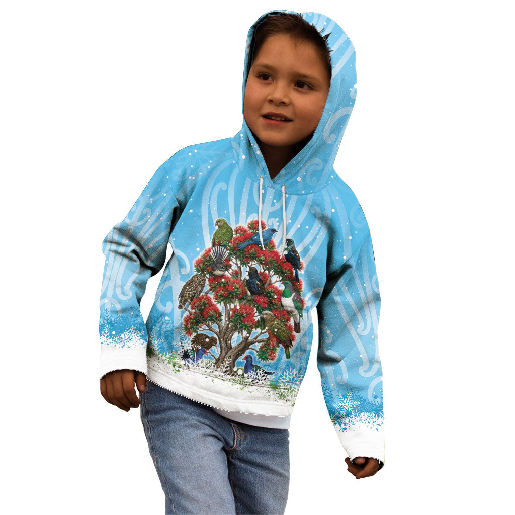 New Zealand Birds Christmas Kid Hoodie Pohutukawa Xmas Tree
