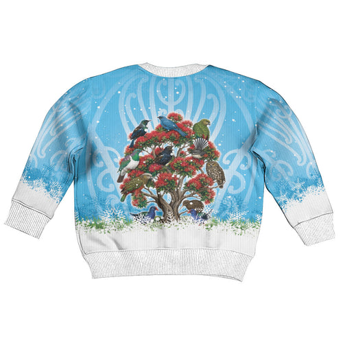 New Zealand Birds Christmas Kid Ugly Christmas Sweater Pohutukawa Xmas Tree