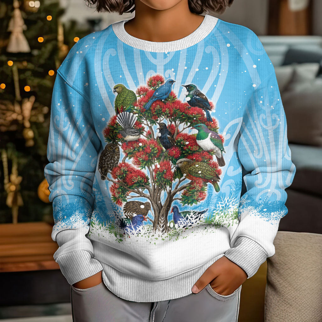 New Zealand Birds Christmas Kid Ugly Christmas Sweater Pohutukawa Xmas Tree