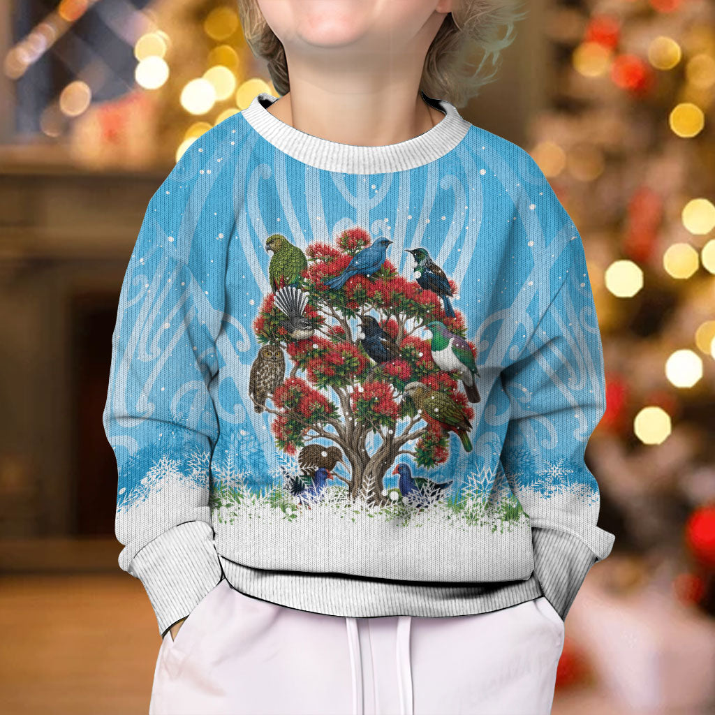 New Zealand Birds Christmas Kid Ugly Christmas Sweater Pohutukawa Xmas Tree