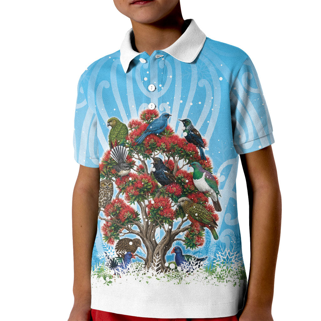 New Zealand Birds Christmas Kid Polo Shirt Pohutukawa Xmas Tree