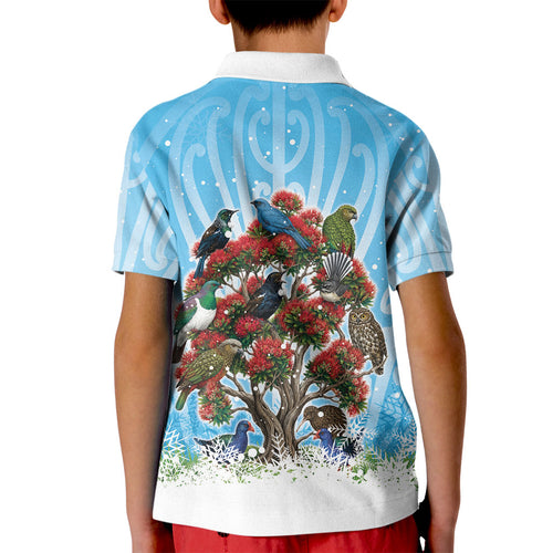 New Zealand Birds Christmas Kid Polo Shirt Pohutukawa Xmas Tree