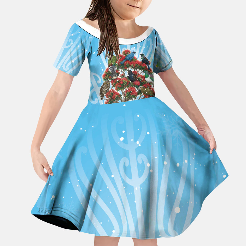 New Zealand Birds Christmas Kid Short Sleeve Dress Pohutukawa Xmas Tree