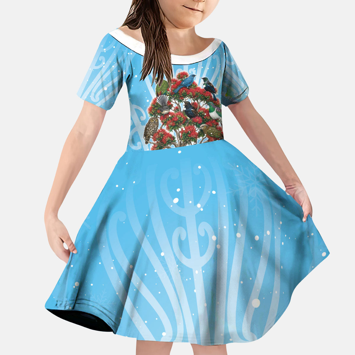 New Zealand Birds Christmas Kid Short Sleeve Dress Pohutukawa Xmas Tree