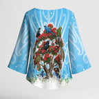 New Zealand Birds Christmas Kimono Sleeve Blouse Pohutukawa Xmas Tree