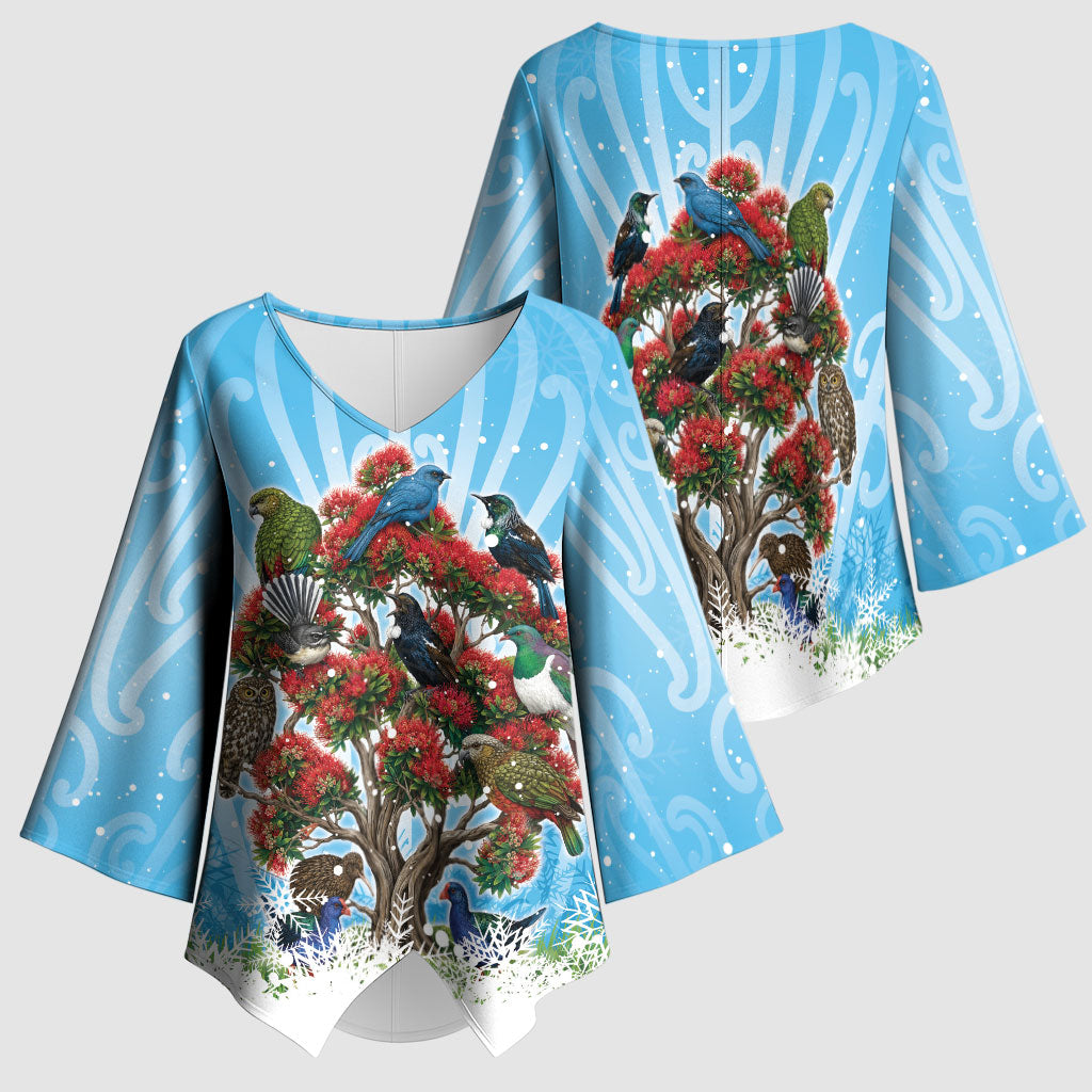 New Zealand Birds Christmas Kimono Sleeve Blouse Pohutukawa Xmas Tree