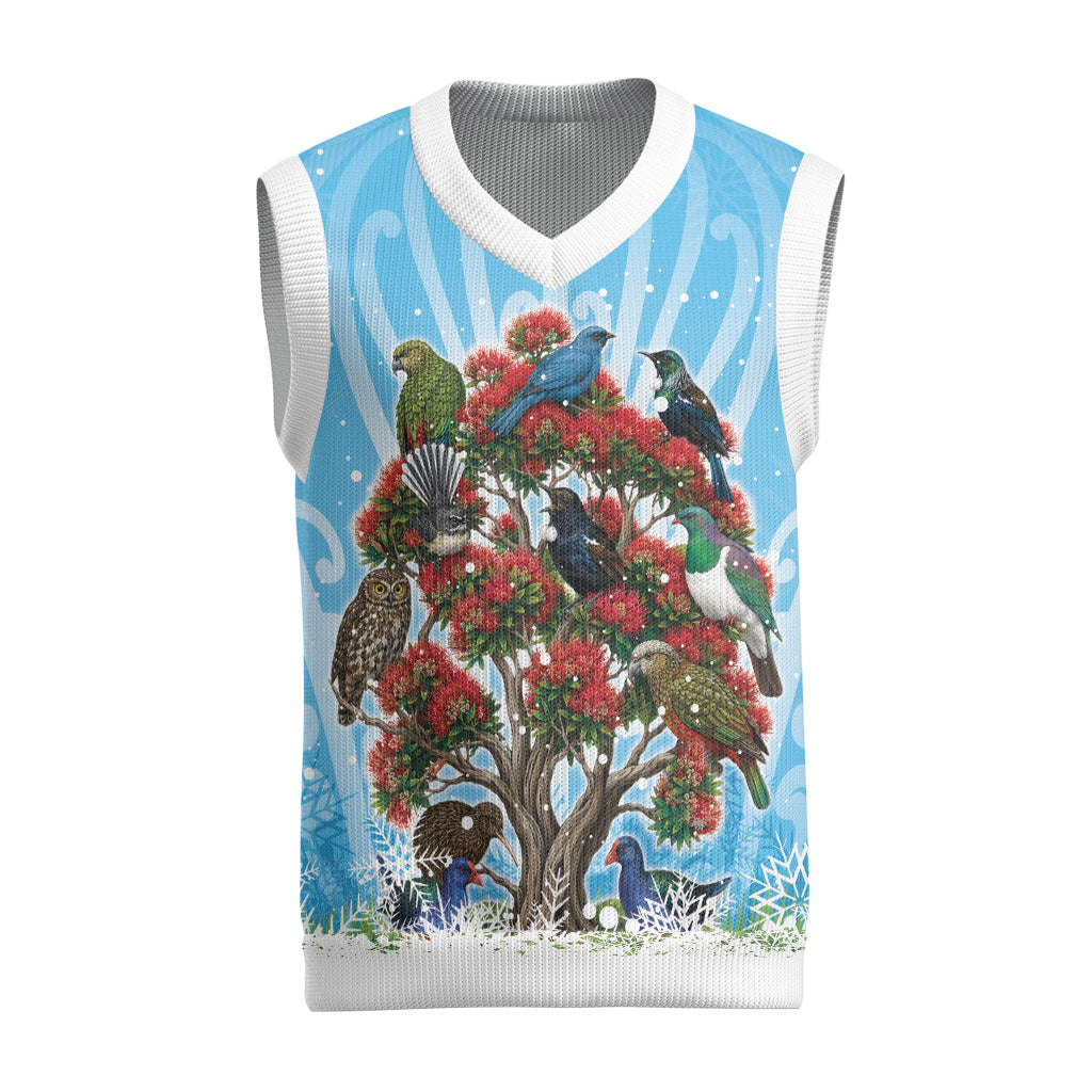 New Zealand Birds Christmas Knitted V-Neck Vest Pohutukawa Xmas Tree