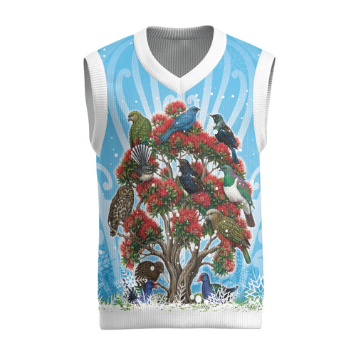 New Zealand Birds Christmas Knitted V-Neck Vest Pohutukawa Xmas Tree