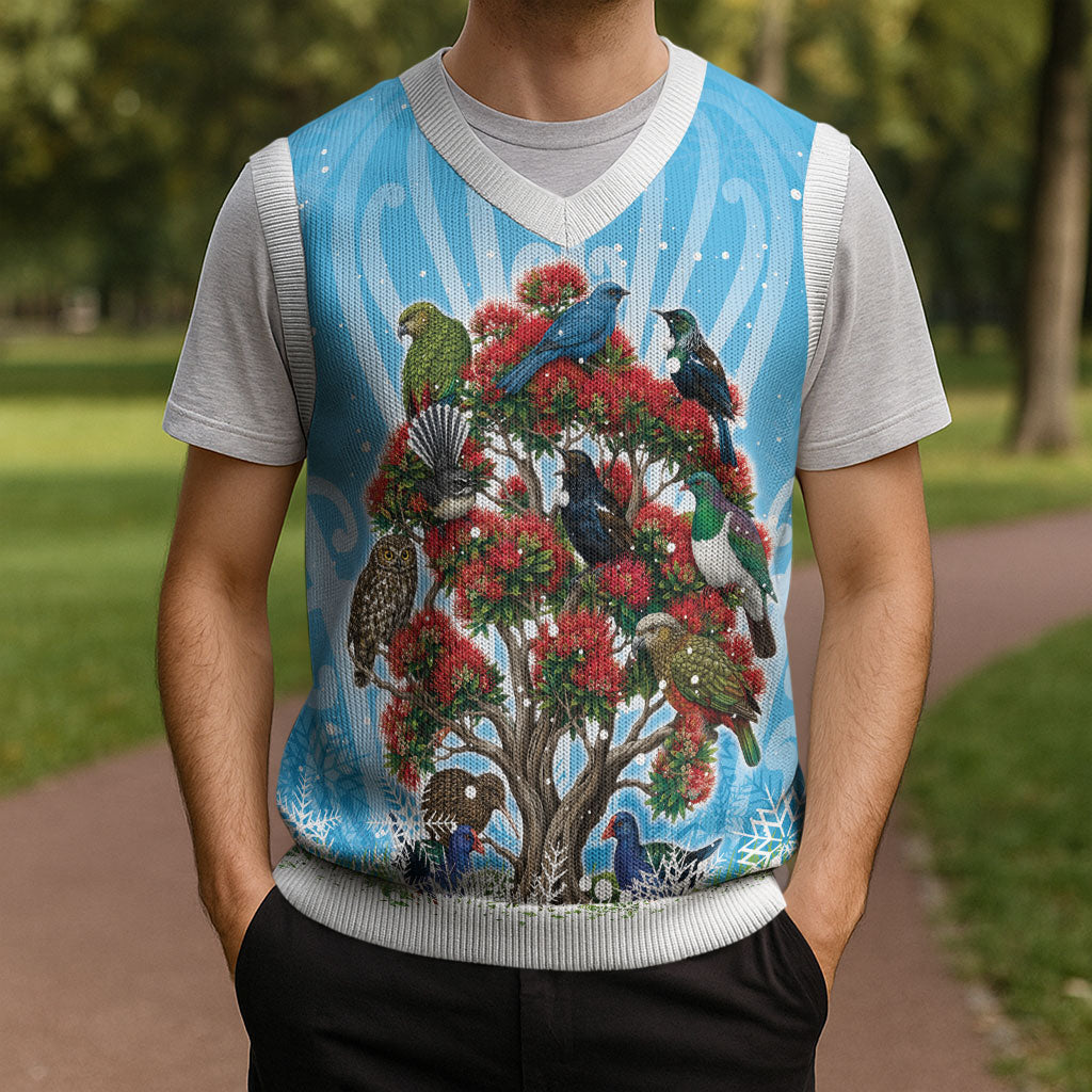 New Zealand Birds Christmas Knitted V-Neck Vest Pohutukawa Xmas Tree