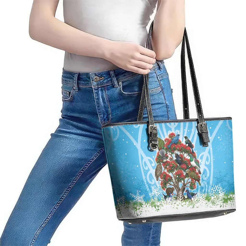 New Zealand Birds Christmas Leather Tote Bag Pohutukawa Xmas Tree