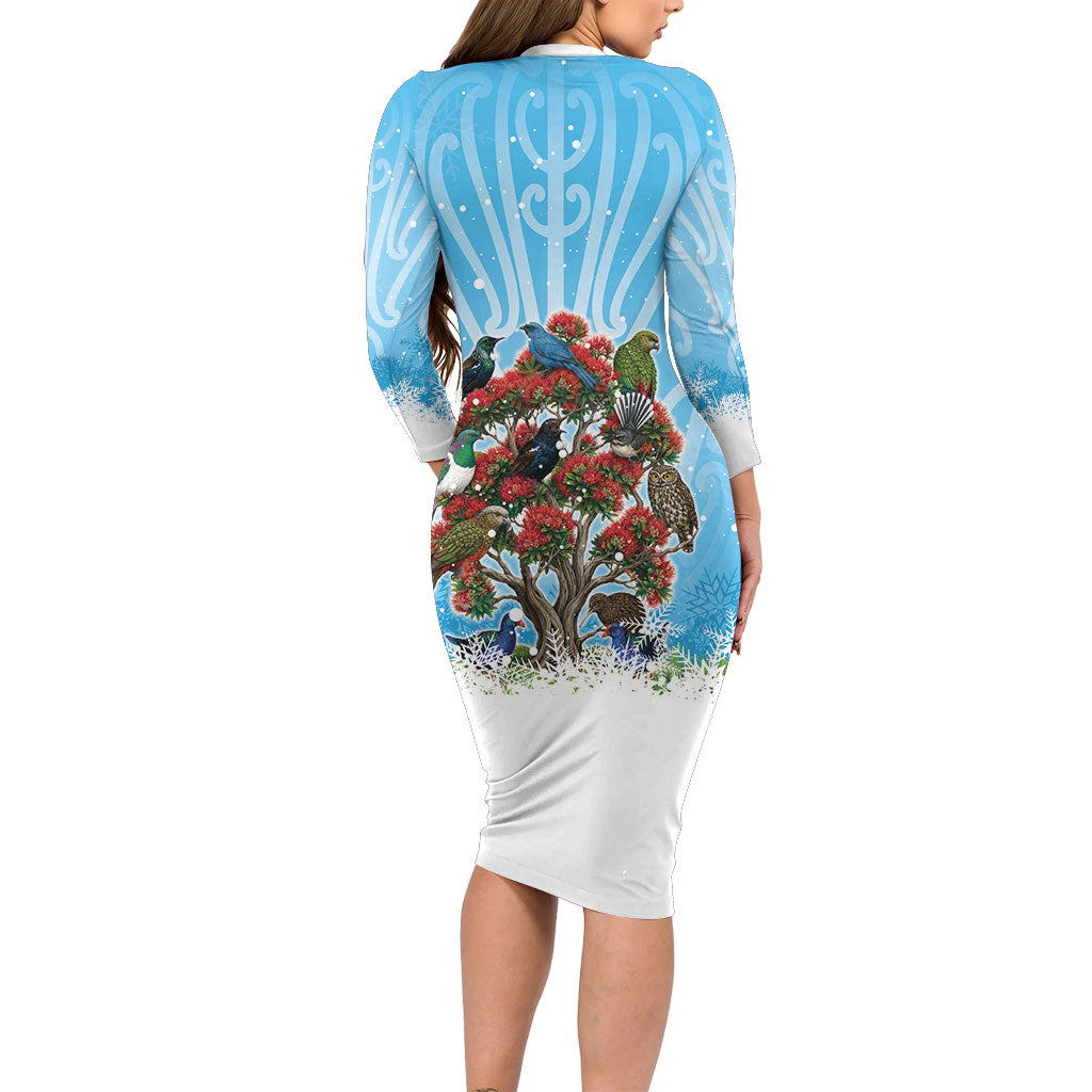 New Zealand Birds Christmas Long Sleeve Bodycon Dress Pohutukawa Xmas Tree
