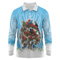 New Zealand Birds Christmas Long Sleeve Polo Shirt Pohutukawa Xmas Tree