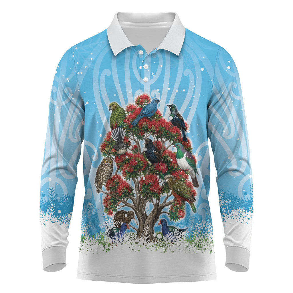 New Zealand Birds Christmas Long Sleeve Polo Shirt Pohutukawa Xmas Tree
