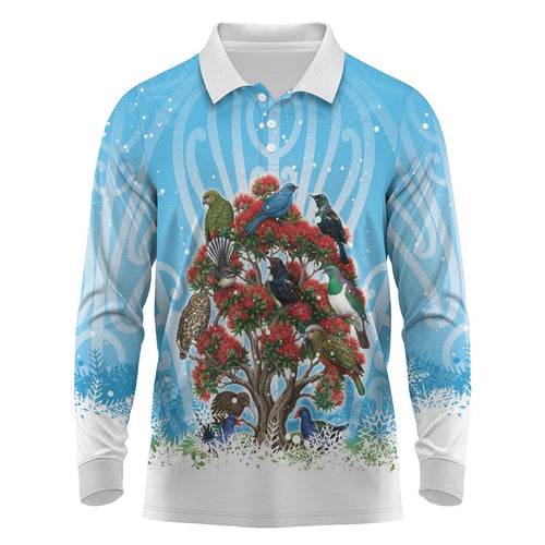 New Zealand Birds Christmas Long Sleeve Polo Shirt Pohutukawa Xmas Tree