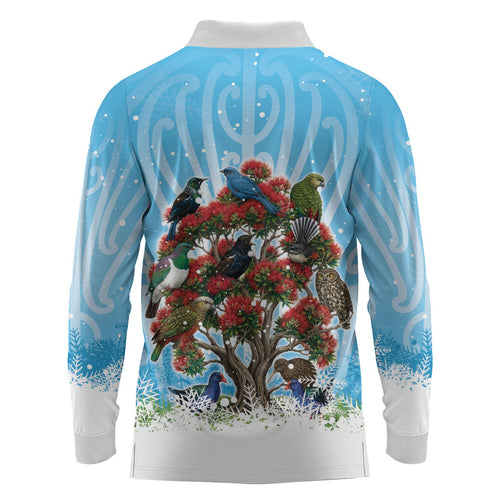 New Zealand Birds Christmas Long Sleeve Polo Shirt Pohutukawa Xmas Tree
