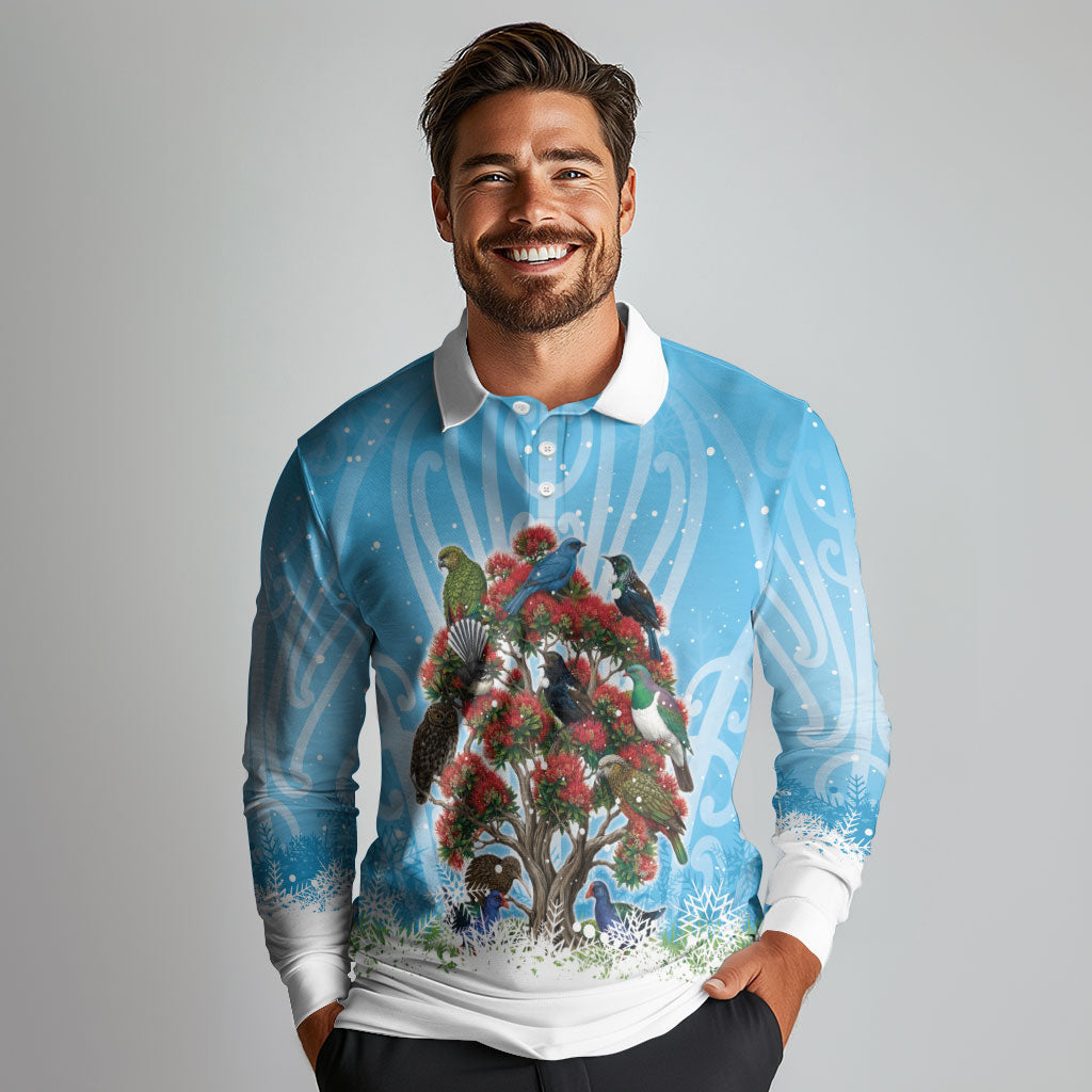 New Zealand Birds Christmas Long Sleeve Polo Shirt Pohutukawa Xmas Tree