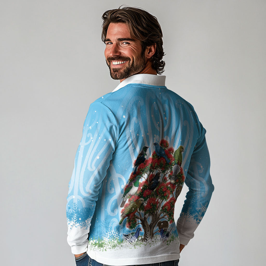 New Zealand Birds Christmas Long Sleeve Polo Shirt Pohutukawa Xmas Tree