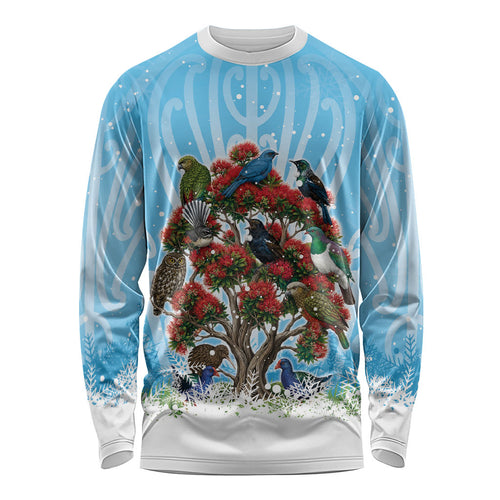 New Zealand Birds Christmas Long Sleeve Shirt Pohutukawa Xmas Tree
