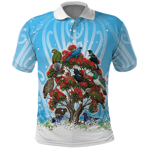 New Zealand Birds Christmas Polo Shirt Pohutukawa Xmas Tree