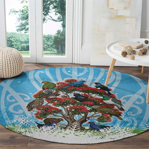 New Zealand Birds Christmas Round Carpet Pohutukawa Xmas Tree